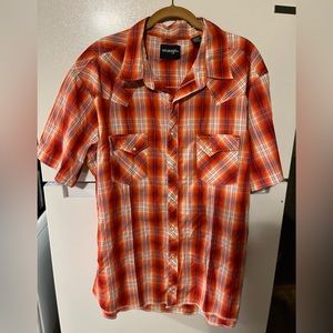 Wrangler Mens XXL Western Shirt‎ Short Sleeve Pearl Snap Orange Plaid Check